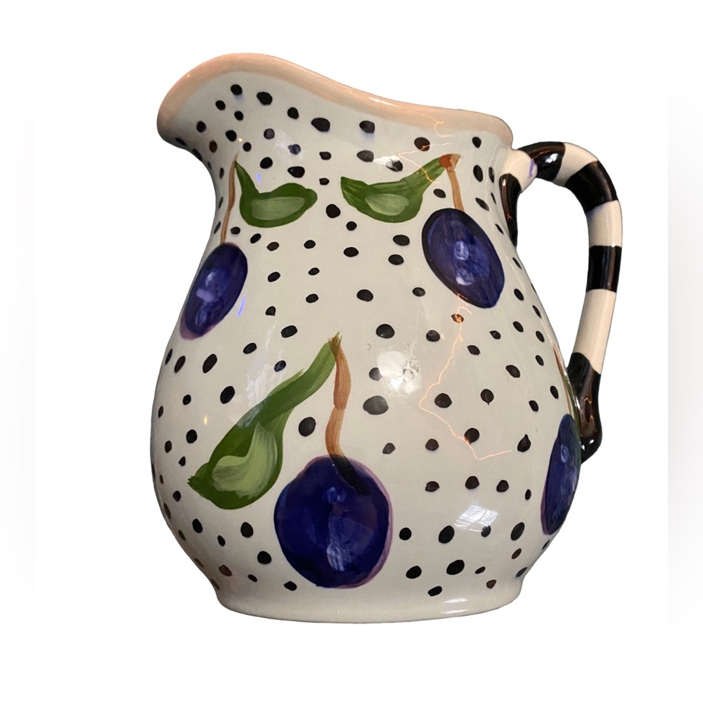 Droll Designs Signed Ceramic Pitcher‎ W/Plum Design EUC *See Measurements*